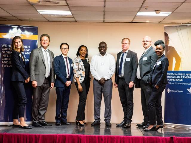 Delegates on stage at the Swedish-West African Sustainable Energy Conference